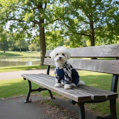 caniche blanc portant Manteau pour Chien bleu est dans un parc assis sur un banc