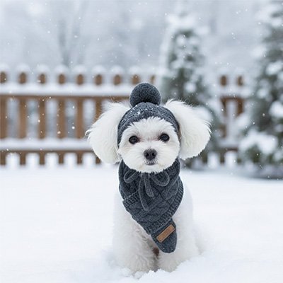 caniche blanc porte Bonnet pour chien​ dans neige près de clôture