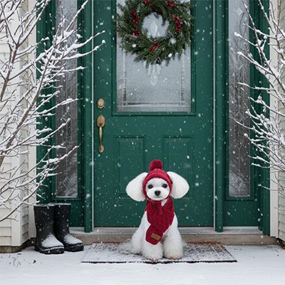caniche blanc porte Bonnet pour chien​ en face de porte verte