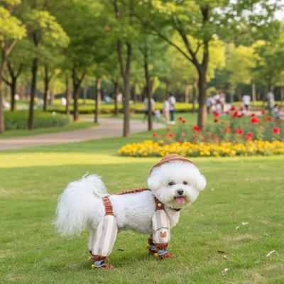 caniche blanc porte Bottes pour Chien dans un parc