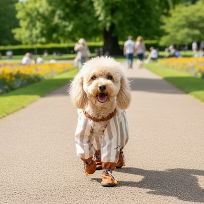 caniche blanc porte Bottes pour Chien marche dans un parc