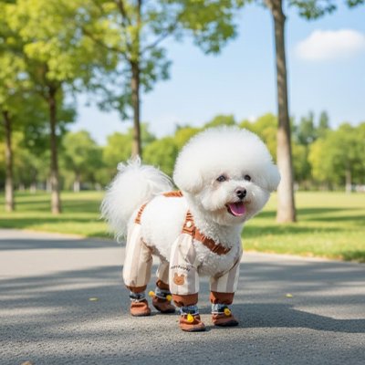 caniche blanc porte Bottes pour Chien sur sentier de parc