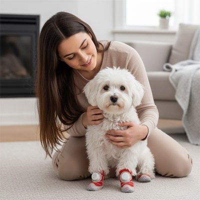 caniche blanc porte Chaussures pour chien sur moquette blanche avec jeune fille