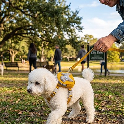 caniche blanc porte Harnais pour chiens en marchant au parc