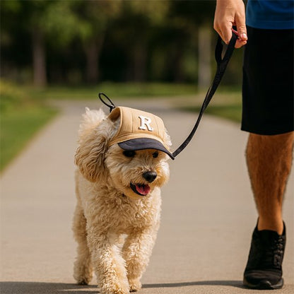 caniche blond porte Casquette pour chien en marchant en laisse