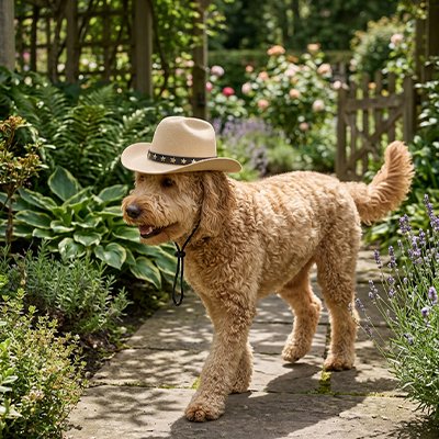 caniche blond porte chapeau Chien dans un jardin fleuri
