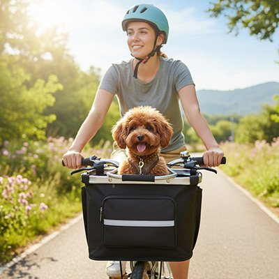 caniche brun dans Vélo panier Chien lors de promenade