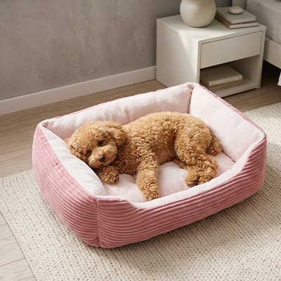 caniche brun dort dans Panier Chien rose sur sol