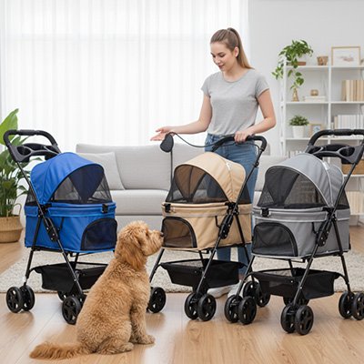 caniche brun en face de 3 Poussette pour Chien avec femme en arrière