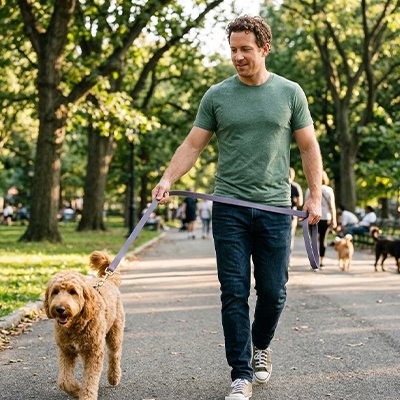 caniche brun en Longe Chien avec femme dans parc