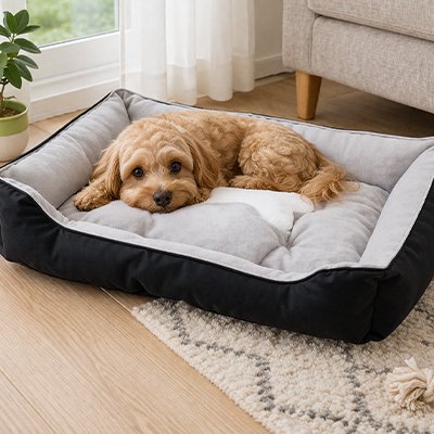 Caniche brun est couché dans Panier Chien au sol sur moquette