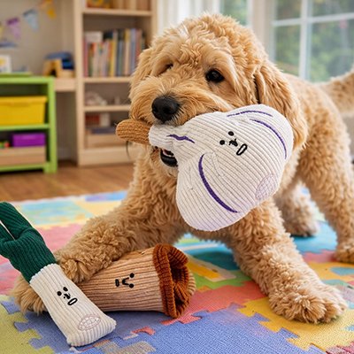 caniche brun joue avec Peluche pour chien sur moquette