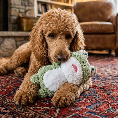 caniche brun mordille Peluche pour chien sur moquette