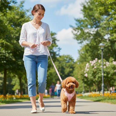 caniche brun portant Harnais pour petit Chien marche sur sentier de pietons avec dame