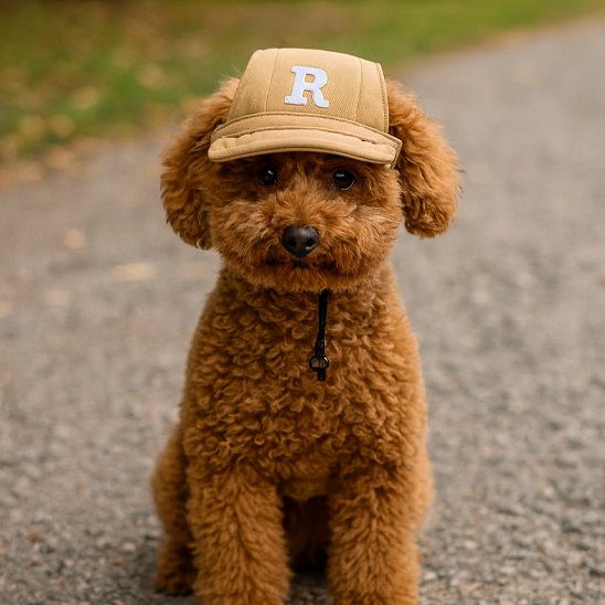 caniche brun porte Casquette pour chien assis sur sentier de pierres