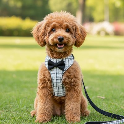 caniche brun porte Harnais pour petit Chien dans un parc