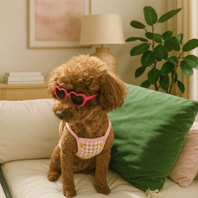 caniche brun porte Lunettes pour chien assis sur canapé