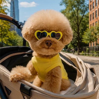caniche brun porte Lunettes pour chien dans une poussette