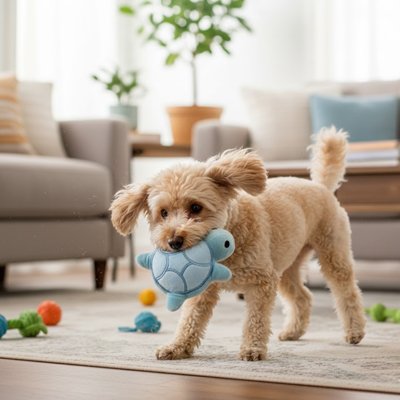 caniche brun tient Jouet pour chien​ dans gueule