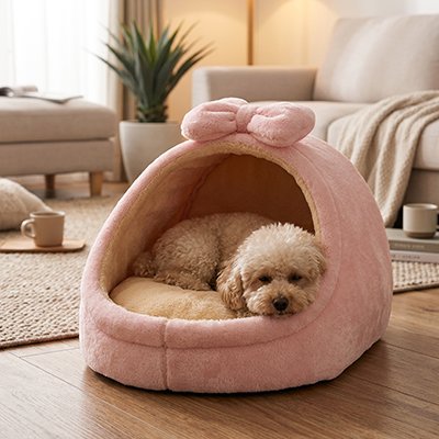 caniche dans Panier pour Chien rose