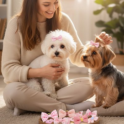 caniche et yorkie portent noeud papillon pour chien avec jeune fille