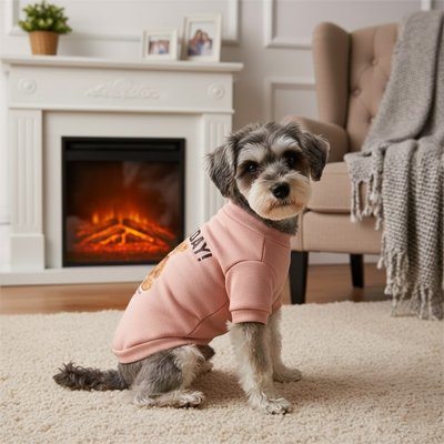 caniche gris portant Pull pour Chien est assis sur moquette blanche