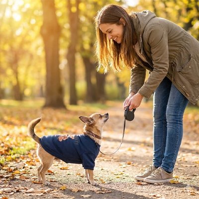 caniche gris portant Pull pour Chien est avec dame dans sentier en automne