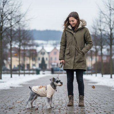 caniche gris portant Pull pour Chien marche avec dame sur trottoir en pierres