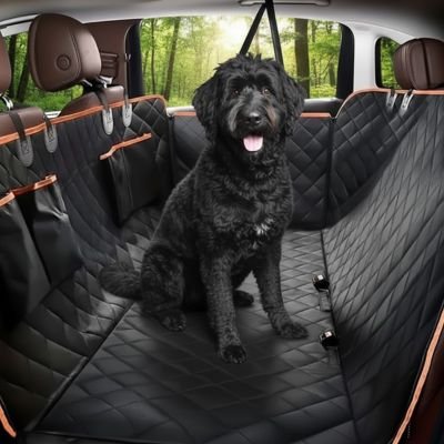 caniche noir assis sur banquette arrière couverte de Protection voiture chien​
