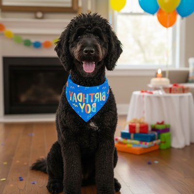 caniche noir portant Bandana Chiens est assis sur sol