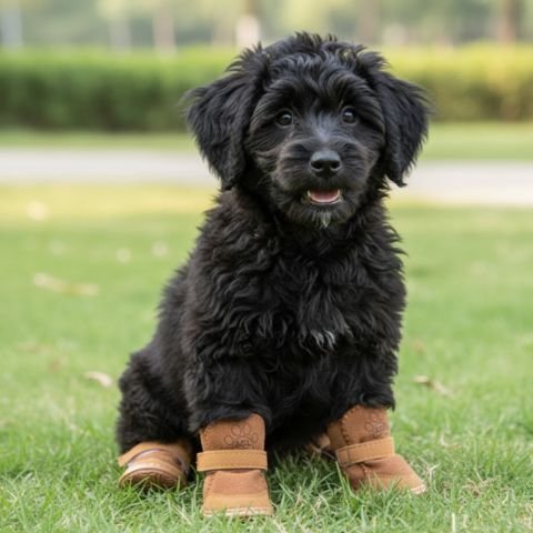 caniche noir portant Chaussure pour Chien assis sur pelouse