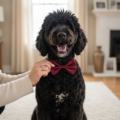 caniche noir porte collier noeud papillon chien assis sur moquette