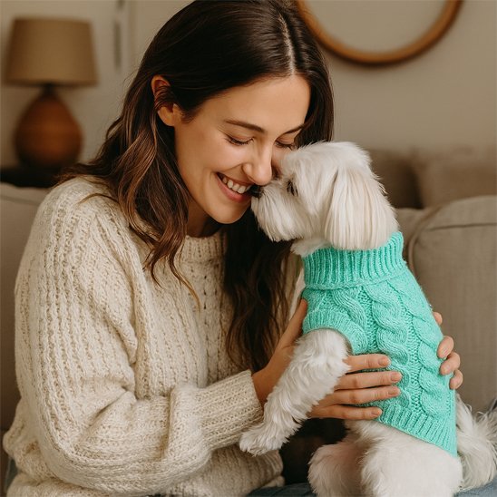 caniche portant Pull pour chien bleu est dans les bras de dame