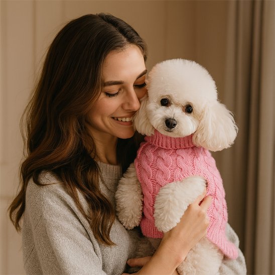 caniche portant Pull pour chien rose est dans les bras de dame