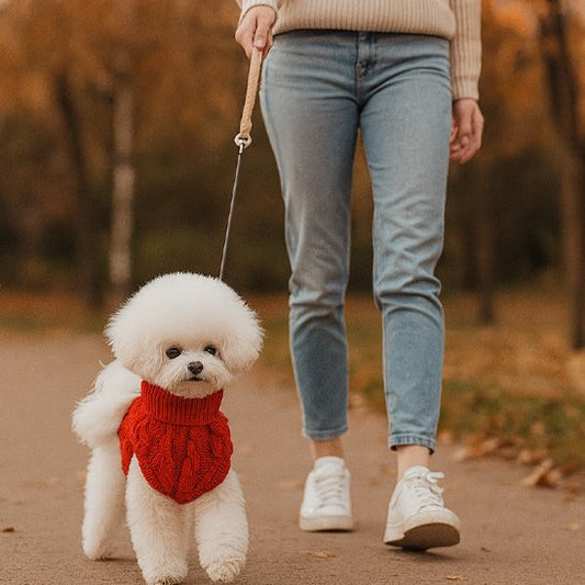 caniche portant Pull pour chien rouge marche en laisse avec dame