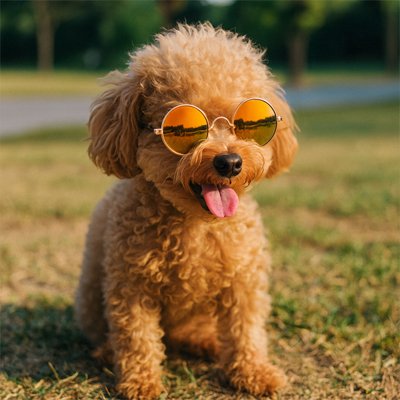 caniche roux portant Lunettes pour chien marche assis dans champs