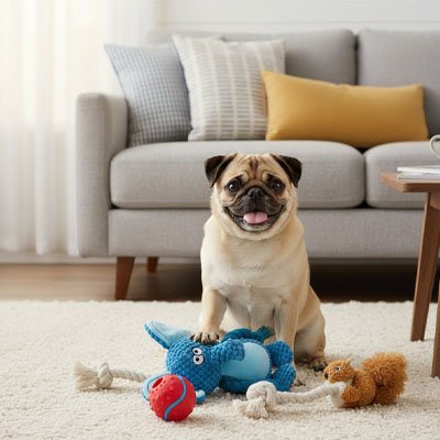 carlin joue avec Peluche Chien éléphant sur moquette blanche