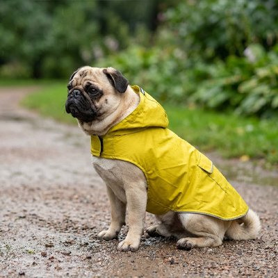 carlin portant Imperméable pour chien est assis sur sol exterieur