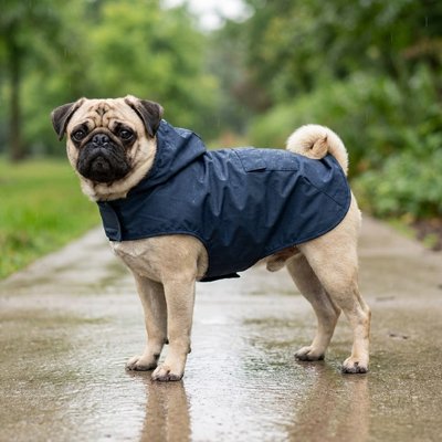 carlin portant Imperméable pour chien​ est debout sous pluie