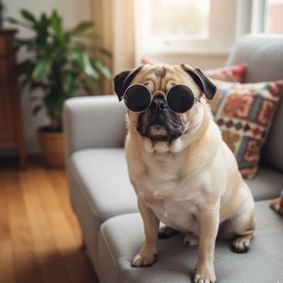 carlin porte Lunette de soleil pour chien assis sur canapé gris