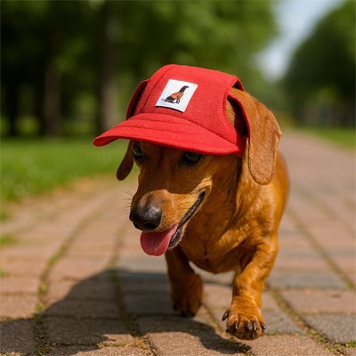 teckel porte Casquette pour chien​ en marchant sur sentier de parc