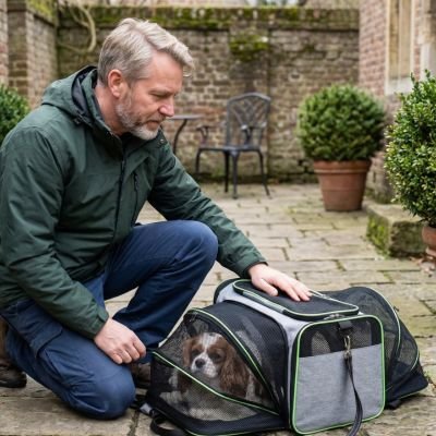 cavalier king charles couché dans Sac de transport Chien avec homme