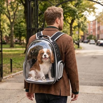 cavalier king charles dans Sac a dos chiens porté par homme