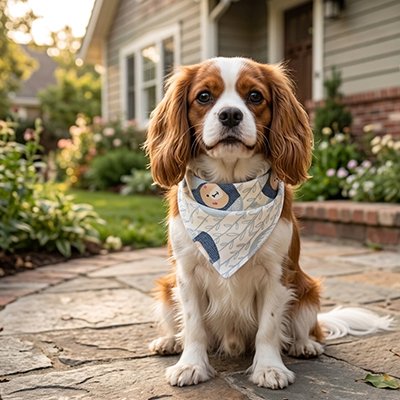 cavalier king charles portant Bandana pour Chien est assis sur pavé