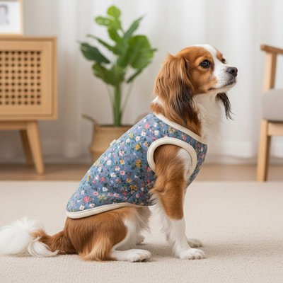 cavalier king charles portant Manteau Chien est sur moquette blanche dans salon