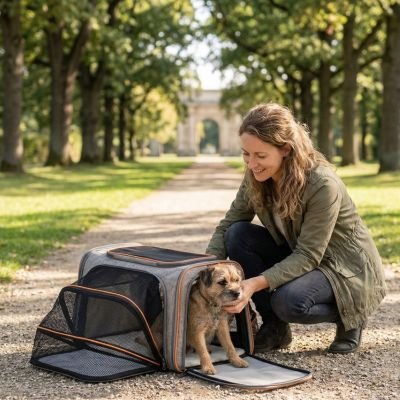 cavalier king charles sort de Sac de transport Chien dans un parc avec dame