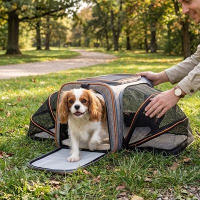 cavalier king charles sort de Sac de transport Chien dans un parc
