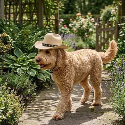 caniche blond porte chapeau Chien dans un jardin fleuri