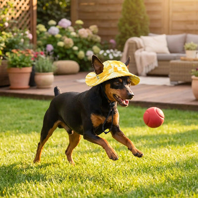 pinscher portant chapeau pour chien joue avec une balle dans cour arrière de maison