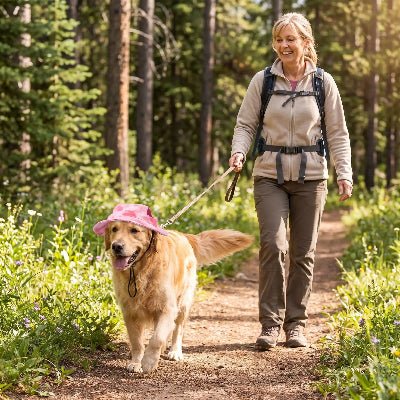 golden retriever marche en laisse avec dame dans sentier forestier en portant chapeau pour chien rose 